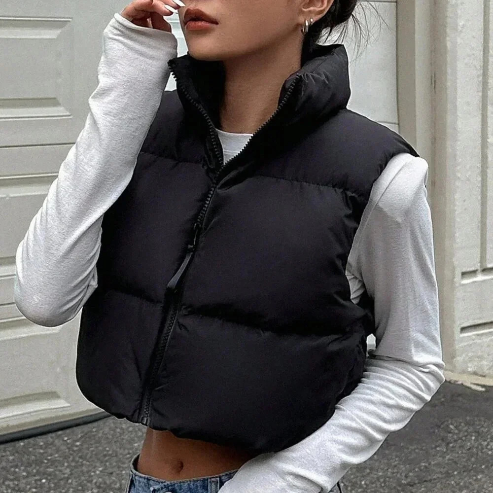Black Casual Women's Zip Up Crop Vest Puffer Thick Coat